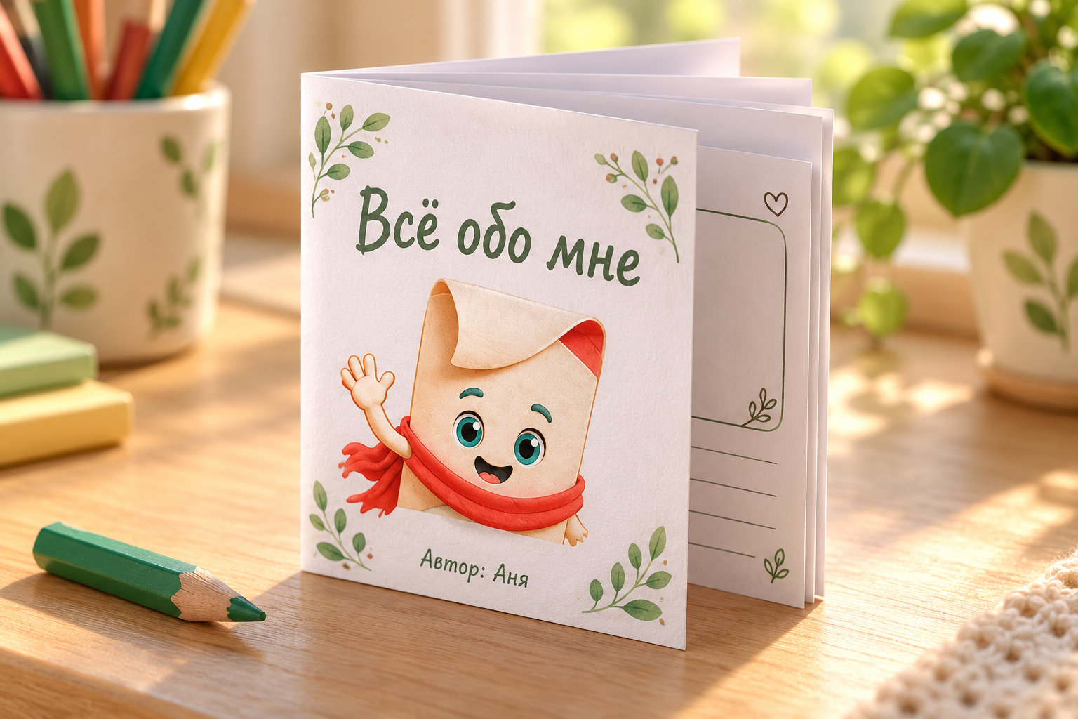 Готовая книжка-малышка с нашим листиком на обложке — на столе в уютной комнате