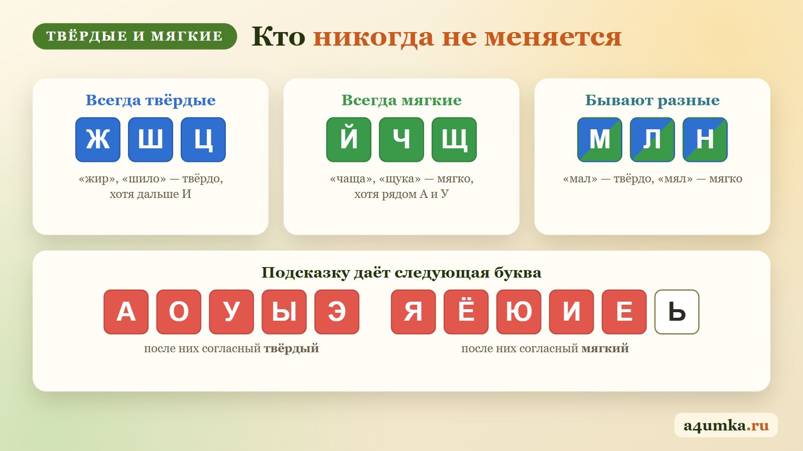Всегда твёрдые согласные Ж Ш Ц и всегда мягкие Й Ч Щ, гласные после твёрдых А О У Ы Э и после мягких Я Ё Ю И Е